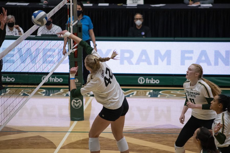 Karina Leber (42) spikes the ball towards her opponents during the University’s season opening volleyball game vs the United States Air Force Academy Feb. 8. CSU defeats Air Force 3-1. (Devin Cornelius | Collegian) 