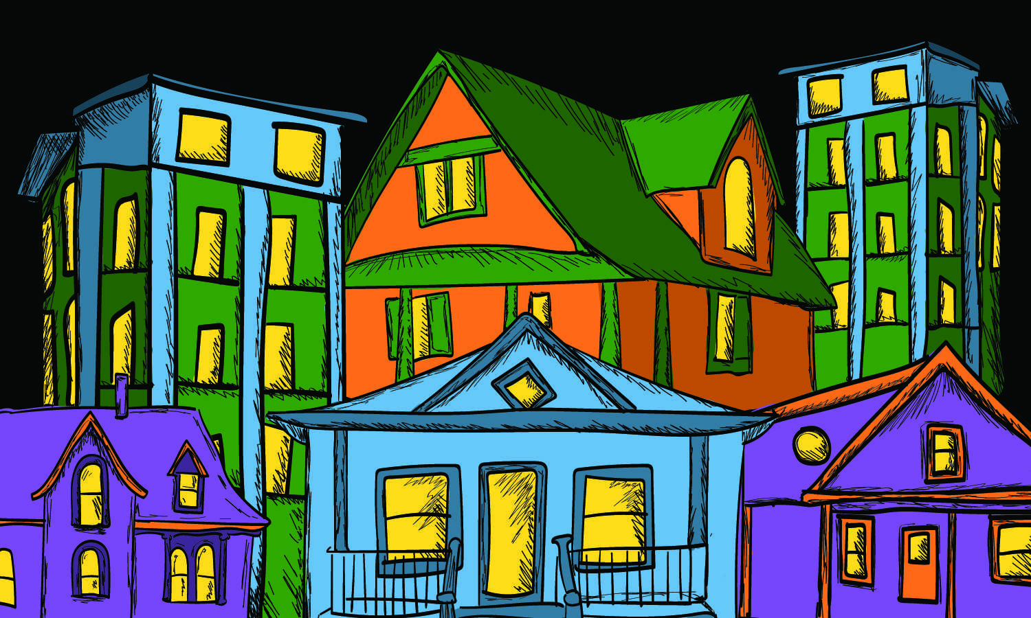 graphic illustration of a bunch of brightly colored houses and apartment complexes/Ilustración gráfica de casas con colores brillantes