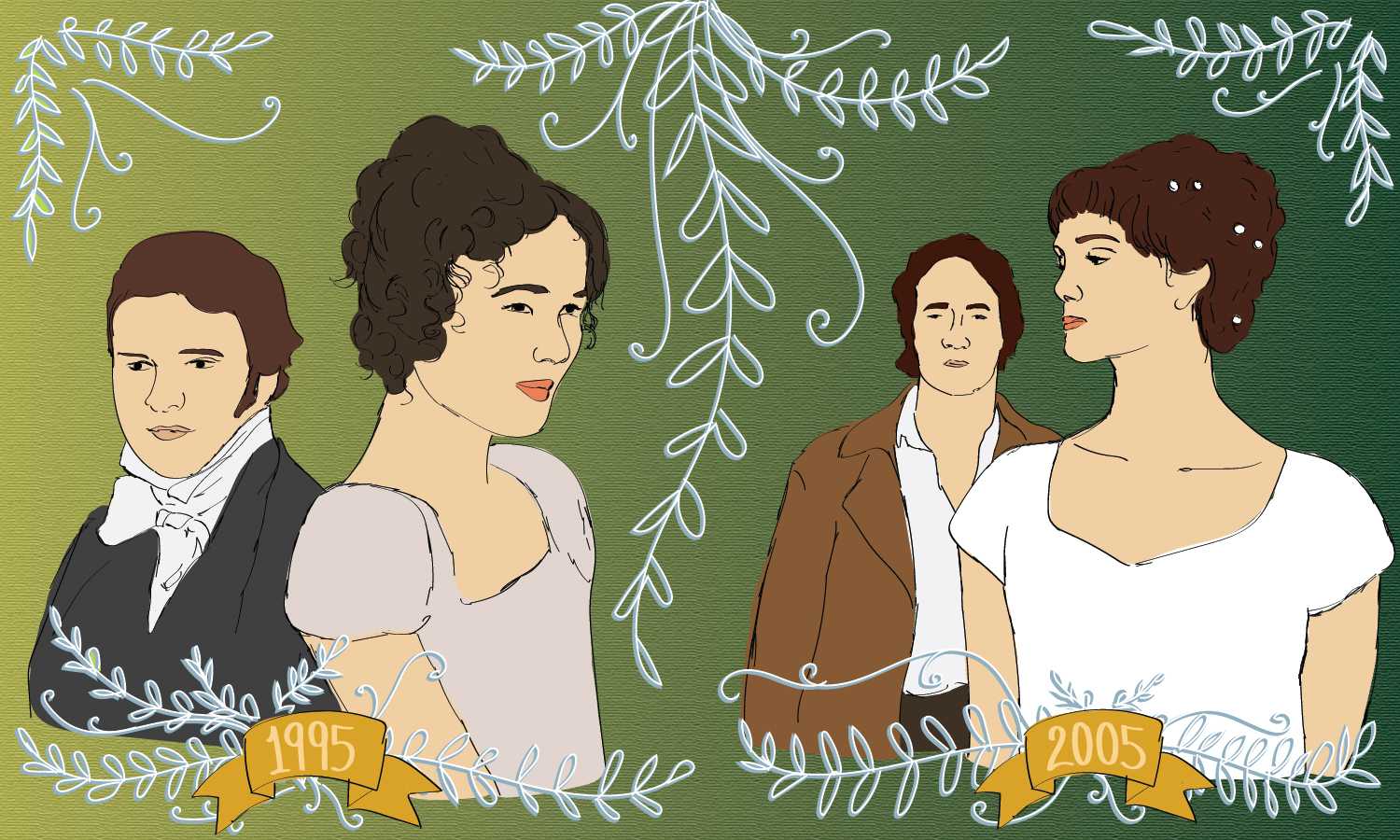 graphic illustration depicting two pairs of Austen characters, one from the 1995 film and the other from the 2005 TV adaptation