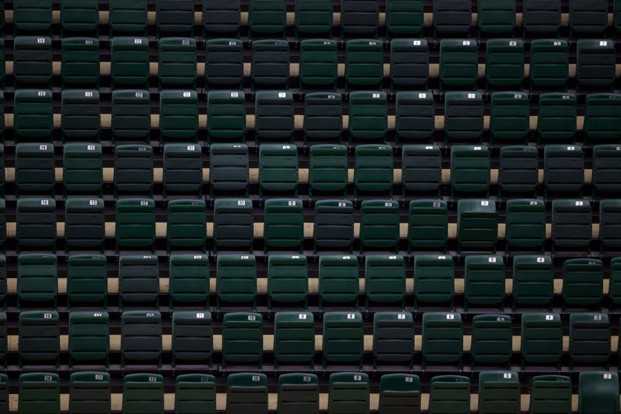Empty seats due to COVID-19 precautions during a Colorado State University womens basketball game in Moby Arena Feb. 4, 2021. (Ryan Schmidt | The Collegian)