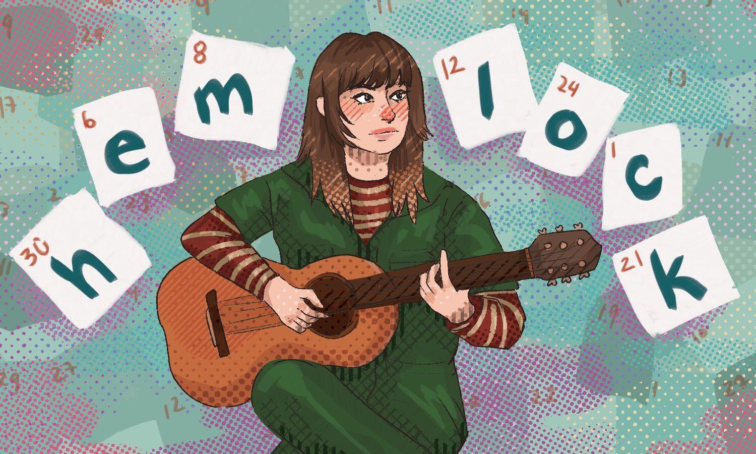graphic illustration of a figure holding a guitar with the word Hemlock on calendar cards