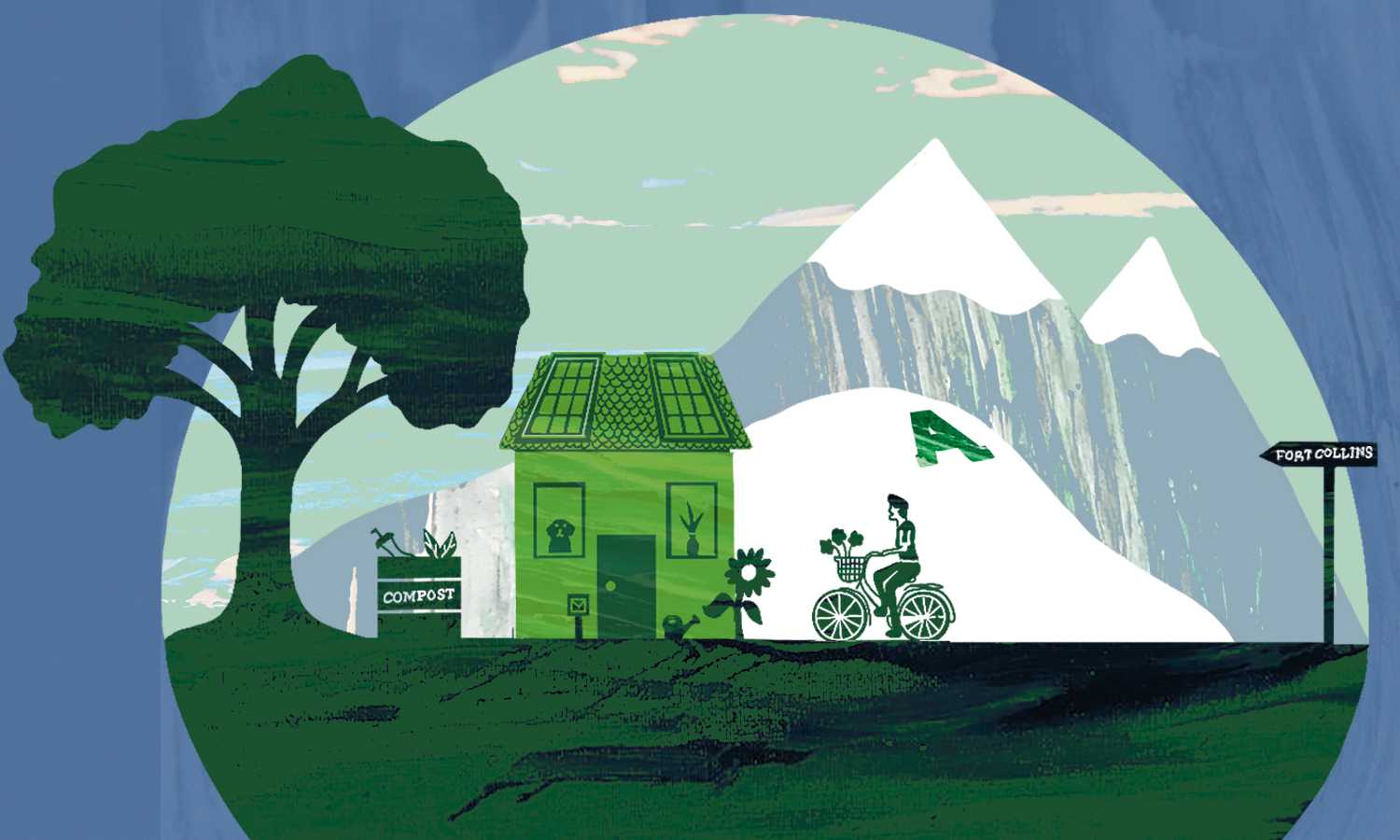 graphic illustration depicting a green fort collins with a figure riding a bike in front of mountains towards a house with a compost bin in the backyard
