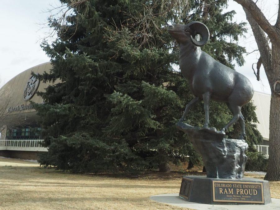 A bronze statue of a Ram in front of a tree