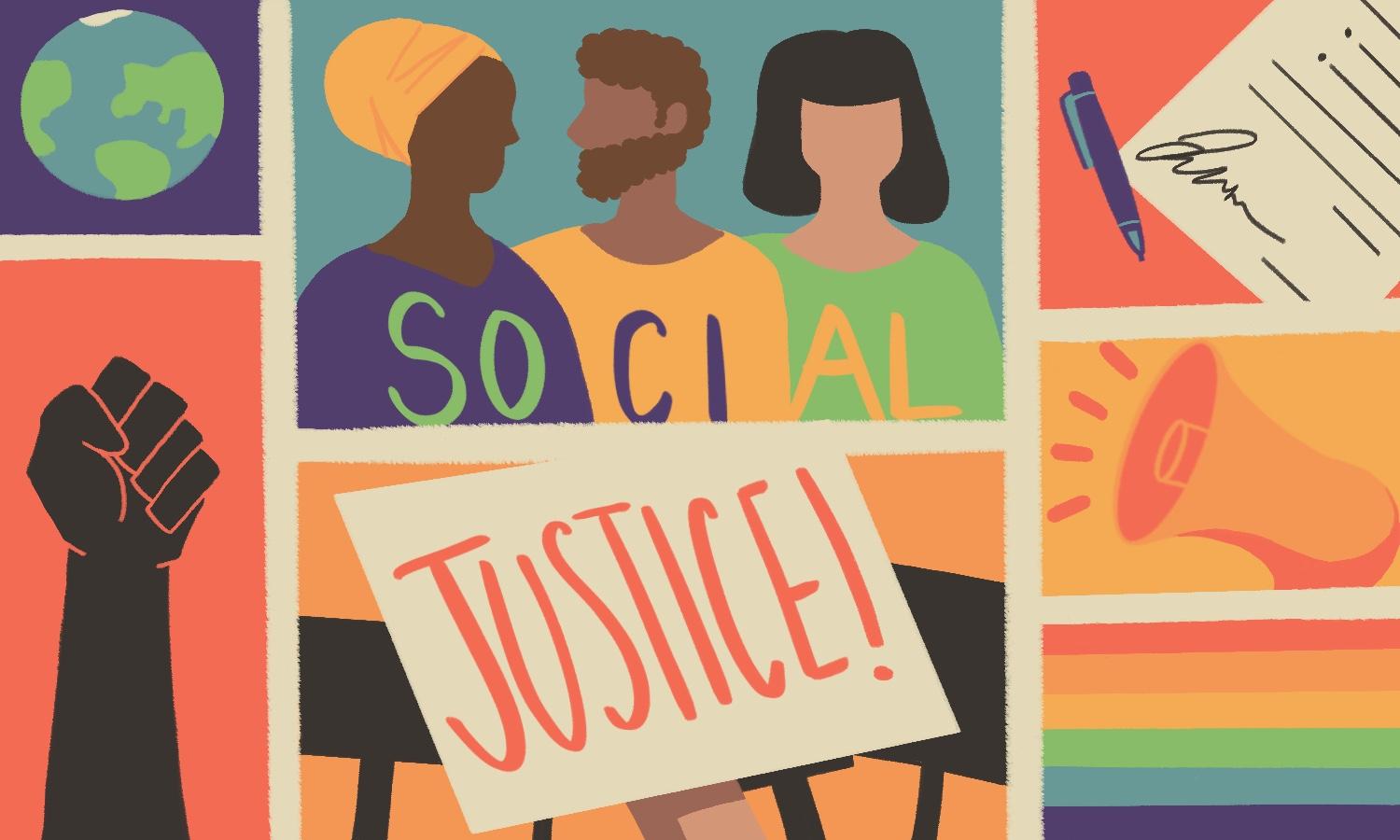 graphic illustration for social justice depicting different panels of social justice (picket lines, journalistic/policy change, megaphones, the BLM fist from Malcom X