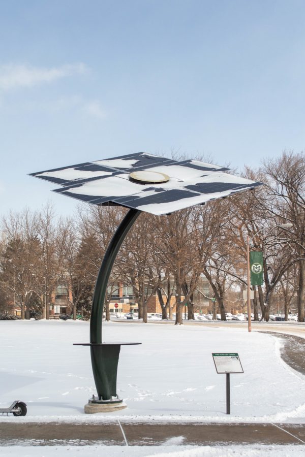 This flower-shaped solar panel is one of the many solar fields Colorado State University has installed on campus in order to try and reduce their greenhouse gas emissions. (Laurel Sickels | Collegian)