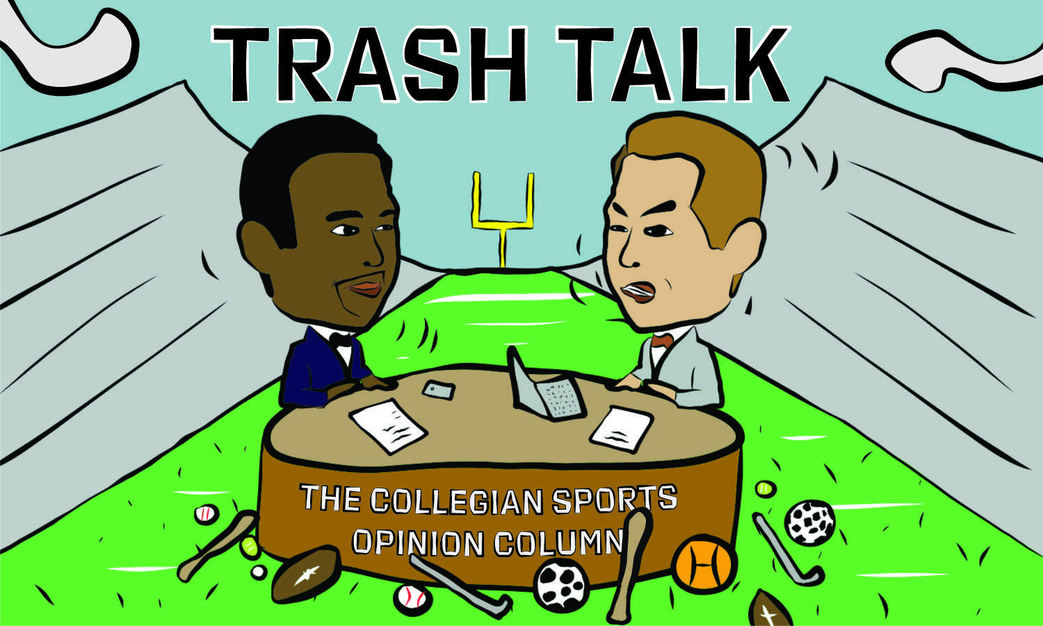 graphic illustration of two sports newscaster bobble heads talking sports on a field with the title "Trash Talk" written above