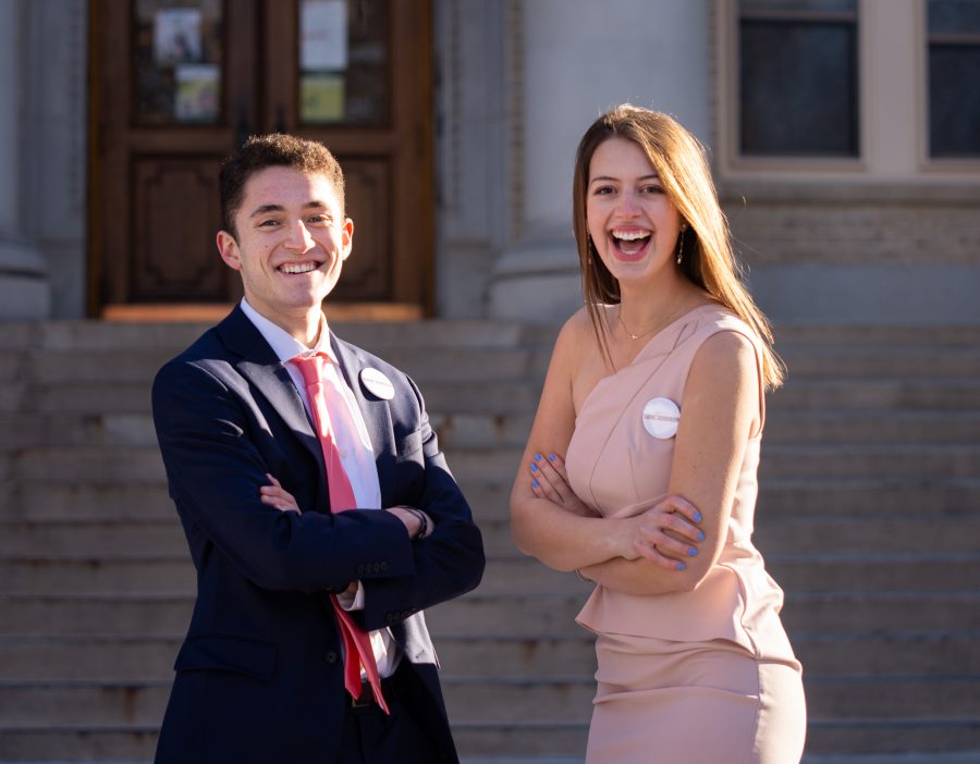 Associated Students of Colorado State University presidential candidate Lys Taddei and vice presidential candidate Weston Schroeder pose for a portrait in front of The Administration Office, Feb. 28. (Tri Duong | The Collegian)