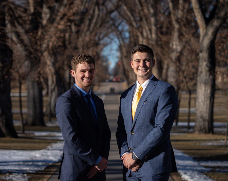 Associated Students of Colorado State University presidential candidate John Williamson and vice presidential candidate David Pringle pose for a portrait in The Oval, Feb. 28. (Tri Duong | The Collegian)