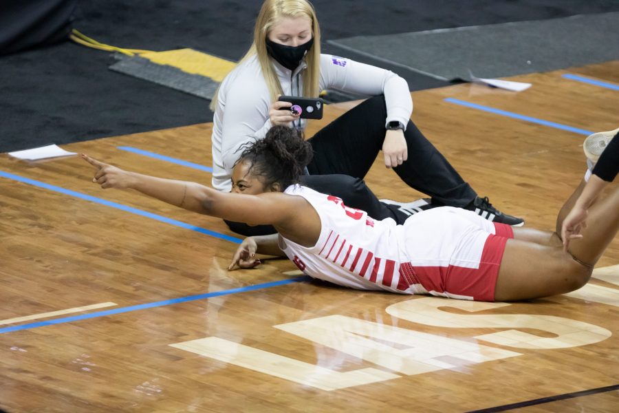 Wytalla Motta (24) points to the camera after getting fouled, during the Air Force Reserve Mountain West Women's basketball tournament Mar. 8. California State University Fresno defeats Nevada 70-46. (Devin Cornelius | Collegian)