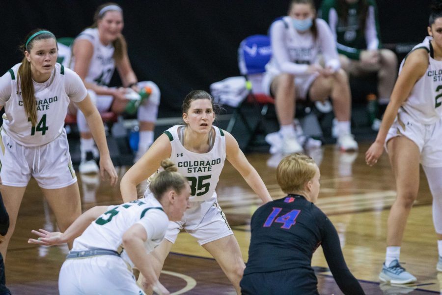 Lore Devos (35) watches the ball during the University's basketball game vs Boise State University at the Air Force Reserve Mountain West Women's basketball tournament Mar. 8. CSU falls to Boise 78-65.  (Devin Cornelius | Collegian)