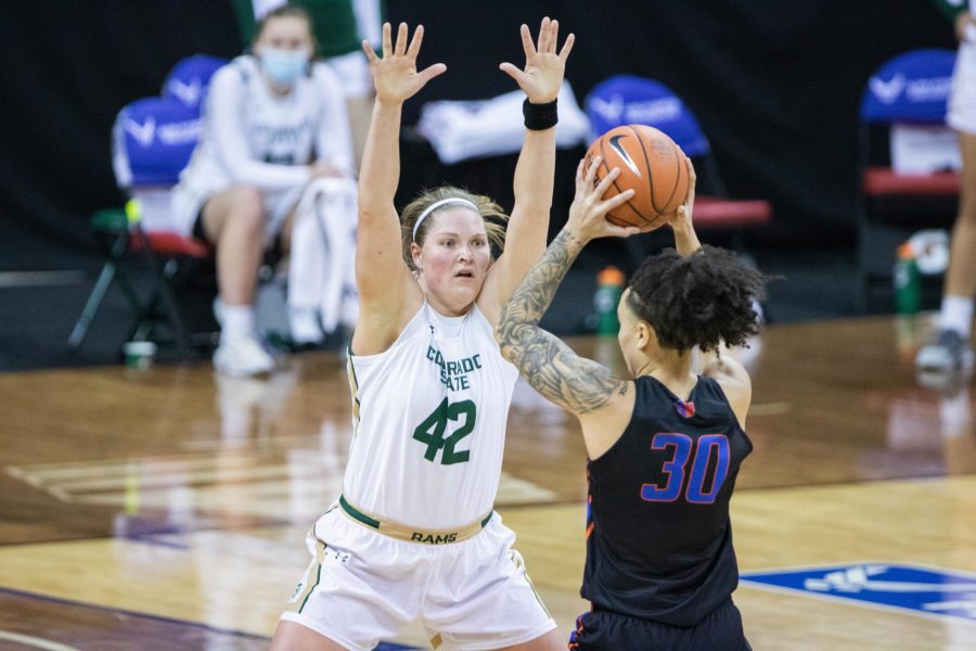 Karly Murphy (42) plays defense against an opponent during Colorado State University's game against Boise State University at the Air Force Reserve Mountain West Women's Basketball Championship, March 8. CSU lost to Boise 78-65. (Devin Cornelius | The Collegian)