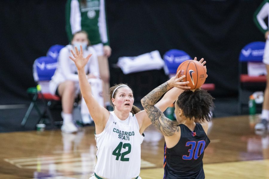 Karly Murphy (42) plays defense against a opponent during the Universitys basketball game against Boise State University, during the Air Force Reserve Mountain West Womens basketball tournament Mar. 8. CSU falls to Boise 78-65.  (Devin Cornelius | Collegian)