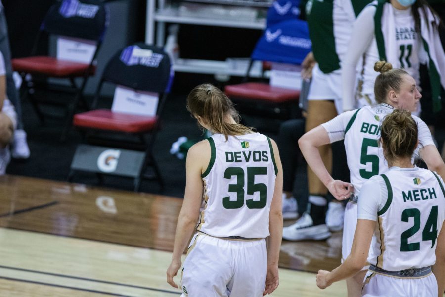 Lore Devos (35) has her head down after a tough loss for Colorado State University at the hands of Boise State University, during the Air Force Reserve Mountain West Women's basketball tournament Mar. 8. CSU lost 78-65. (Devin Cornelius | Collegian) 