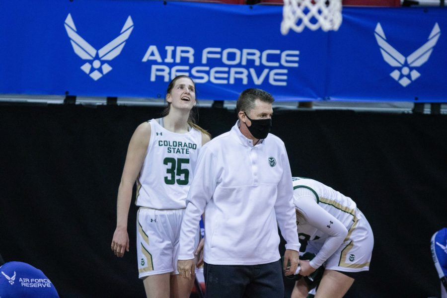 Ryun Williams and Lore Devos (35) are stunned after the University loss to Boise State University during the Air Force Reserve Mountain West Women's basketball tournament Mar. 8. CSU gets upset by Boise 78-65. (Devin Cornelius | Collegian)