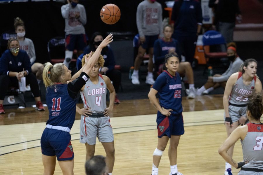 Maddi Utti (11) shoots a free throw, during the Air Force Reserve Mountain West Women's basketball tournament Mar. 9. California State University Fresno upsets the number 1 seed University of New Mexico 77-72. (Devin Cornelius | Collegian) 