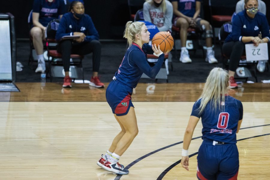 Haley Cavinder (1) shoots from slightly inside the arc, during the Air Force Reserve Mountain West Women's basketball tournament Mar. 9. California State University Fresno upset the New Mexico 77-72. (Devin Cornelius | Collegian) 