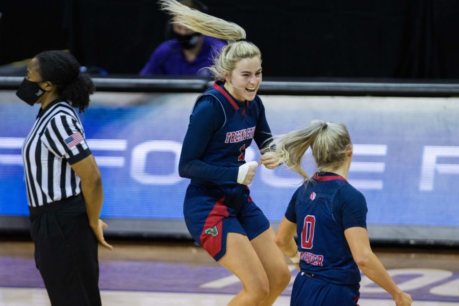 Haley Cavinder (1) celebrates with her sister Haley Cavinder (0) after the upsetting number 1 seed University of New Mexico, during the Air Force Reserve Mountain West Women's basketball tournament Mar. 9. California State University Fresno takes down the Lobos 77-72. (Devin Cornelius | Collegian) 