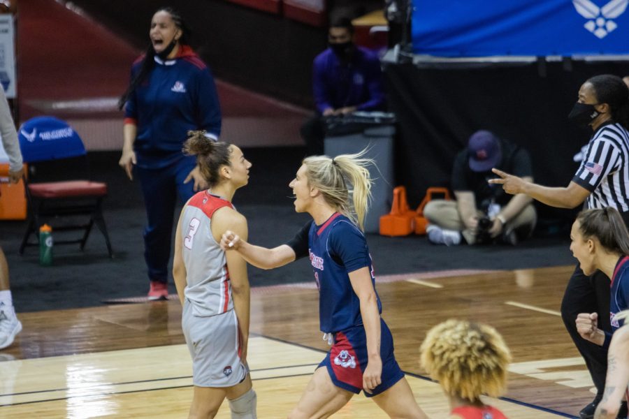 Maddi Utti (11) celebrates after being fowled while going for a layup, during the Air Force Reserve Mountain West Women's basketball tournament Mar. 9. California State University Fresno upset the New Mexico 77-72. (Devin Cornelius | Collegian) 