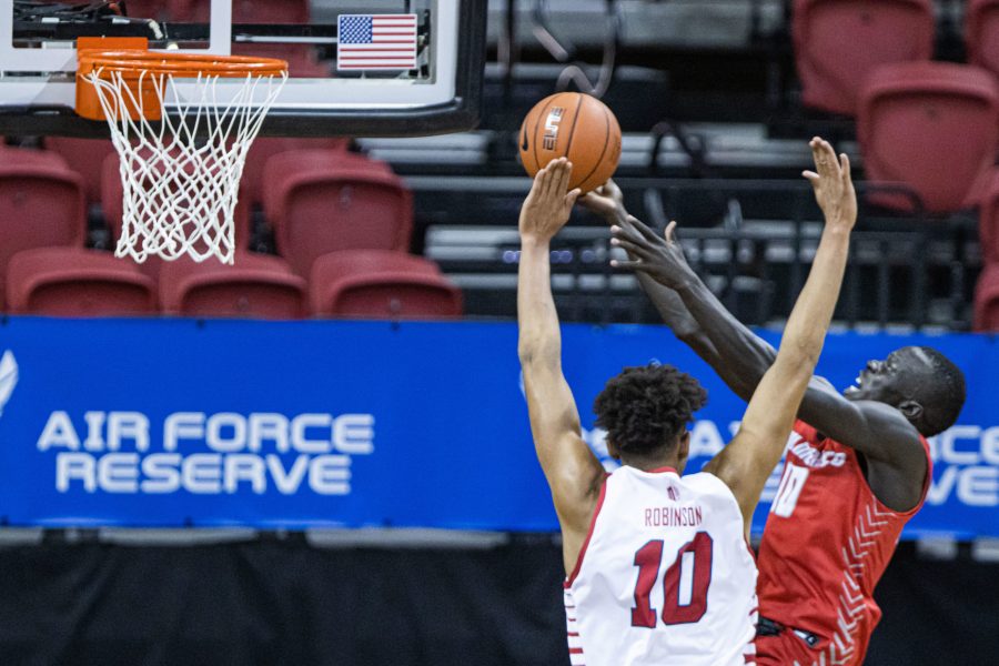 Makuach Maluach (10) drives to the side of the basket and shoots, during the Air Force Reserve Mountain West men's basketball tournament in Las Vegas.  (Devin Cornelius | Cornelius)