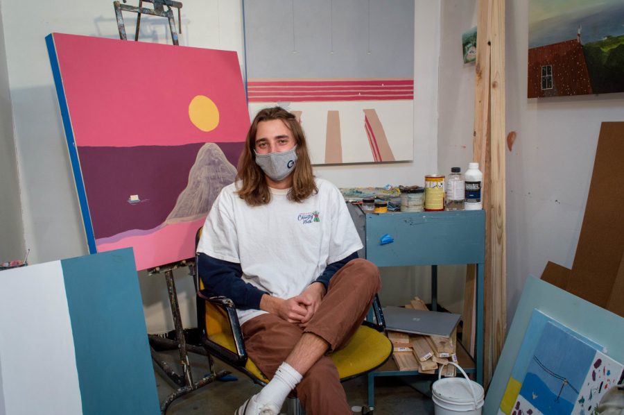 Colorado State University painting and graphic design student Elliot Stemen creates a body of work that deals with themes of human waste during COVID-19 and how this affects wildlife. Stemen uses fun colors, movement, and linework to contrast the negative aspects of the themes hes dealing with, March 18. (Laurel Sickels | The Collegian)