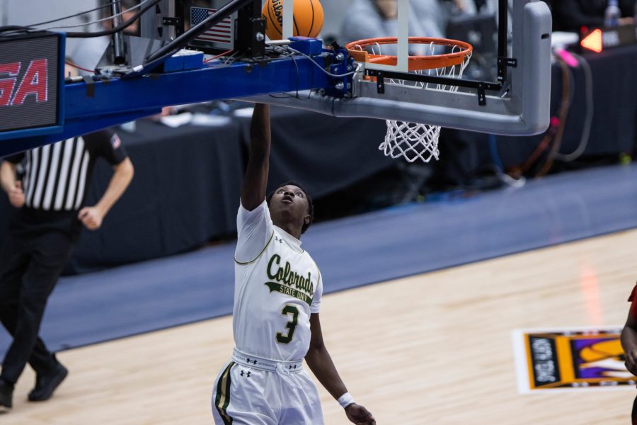 Kendle Moore (3) shoots a layup, during Colorado State University’s basketball game versus North Carolina State University at the National Invitation Tournament in Fresco, Texas in the Comerica Center. Colorado State beat NC State 65-61 March 25. (Devin Cornelius | The Collegian)
