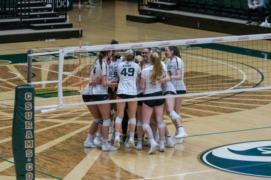 Colorado State University womens volleyball athletes celebrate after winning the match against Boise State University 3-1 March 25. (Michael Marquardt | The Collegian)