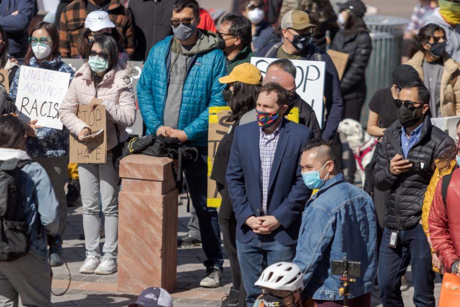 Protesters gather outside the Colorado State Capitol March 27. The protest featured speeches, poetry, and music from the Asian-American and Pacific Islander community. (Michael Marquardt | The Collegian)