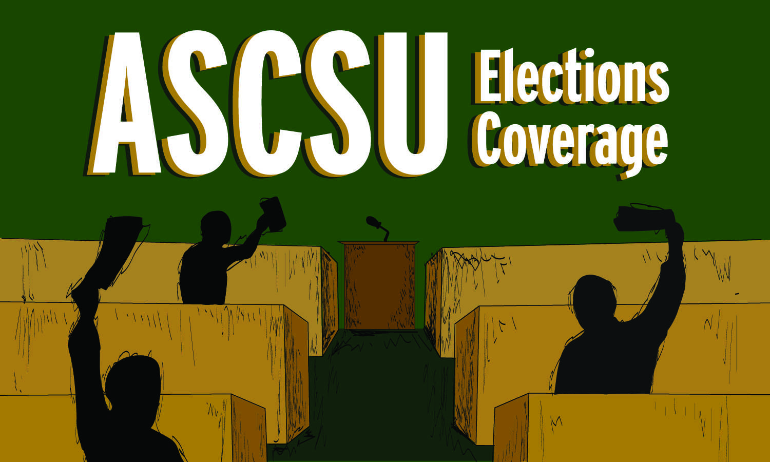 graphic illustration of figures flagging down in various booths of the ASCSU cabinet