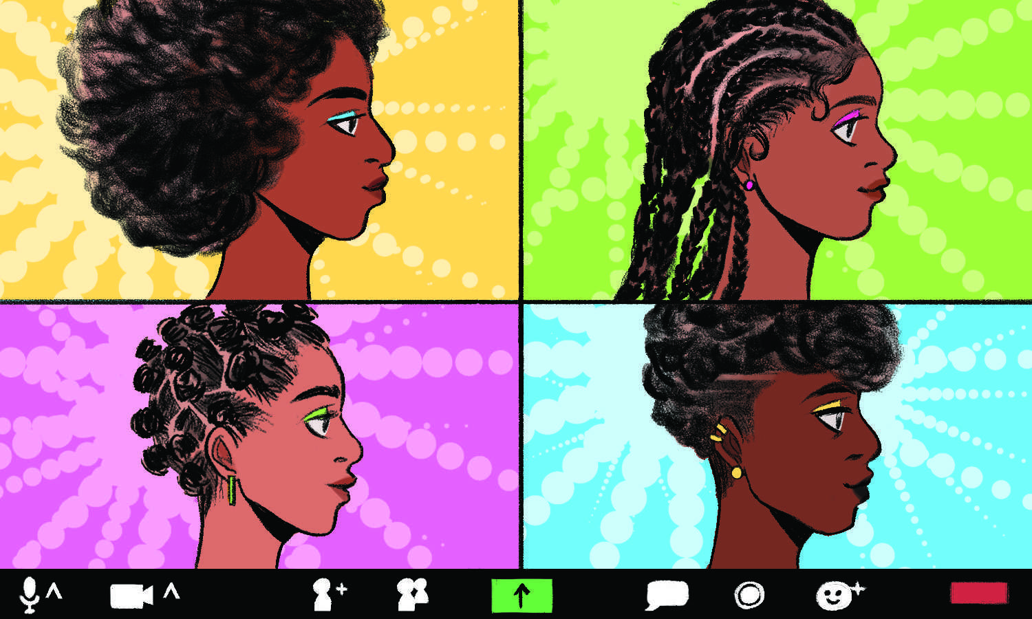 graphic illustration of a Zoom video call featuring four black female figures displaying their hair in the hair show