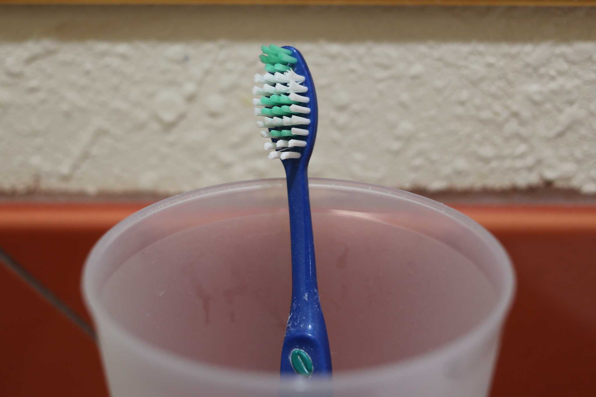 a toothbrush sits in a plastic cup