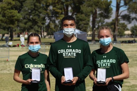 Lily Tomasula-Martin, Mason Brown and Lauren Offermen holding their All-Mountain West Cross Country Second Team awards. Photo courtesy of CSU Athletics. 