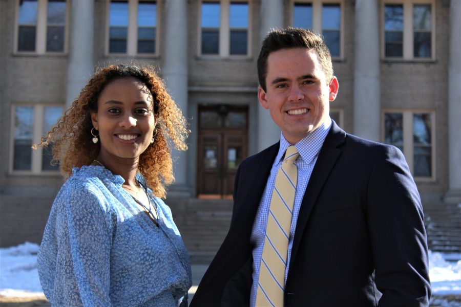 Pictured from left, 3rd year political science student Merry Gebrestsadik and 2nd year political science student Christian Dykson are photographed at the Oval on the afternoon of Feb. 27. Gebretsadkik and Dykson are one of four campaigns running in the 2021 ASCSU president and vice president election. Dykson is running for president with Gebretsadik as his running mate. (Cat Blouch | The Collegian)