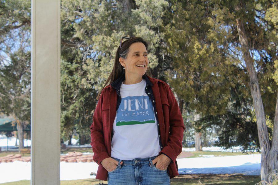 Fort Collins Mayoral candidate Jeni James Arndt poses for headshots in the University Center for the Arts gardens March 20. (Ellie Shannon - The Collegian)