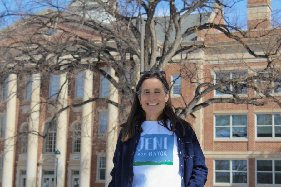 Fort Collins Mayor candidate Jeni James Arndt poses for headshots in the University Center of the Arts gardens on March 20th, 2021. (Ellie Shannon - The Collegian)