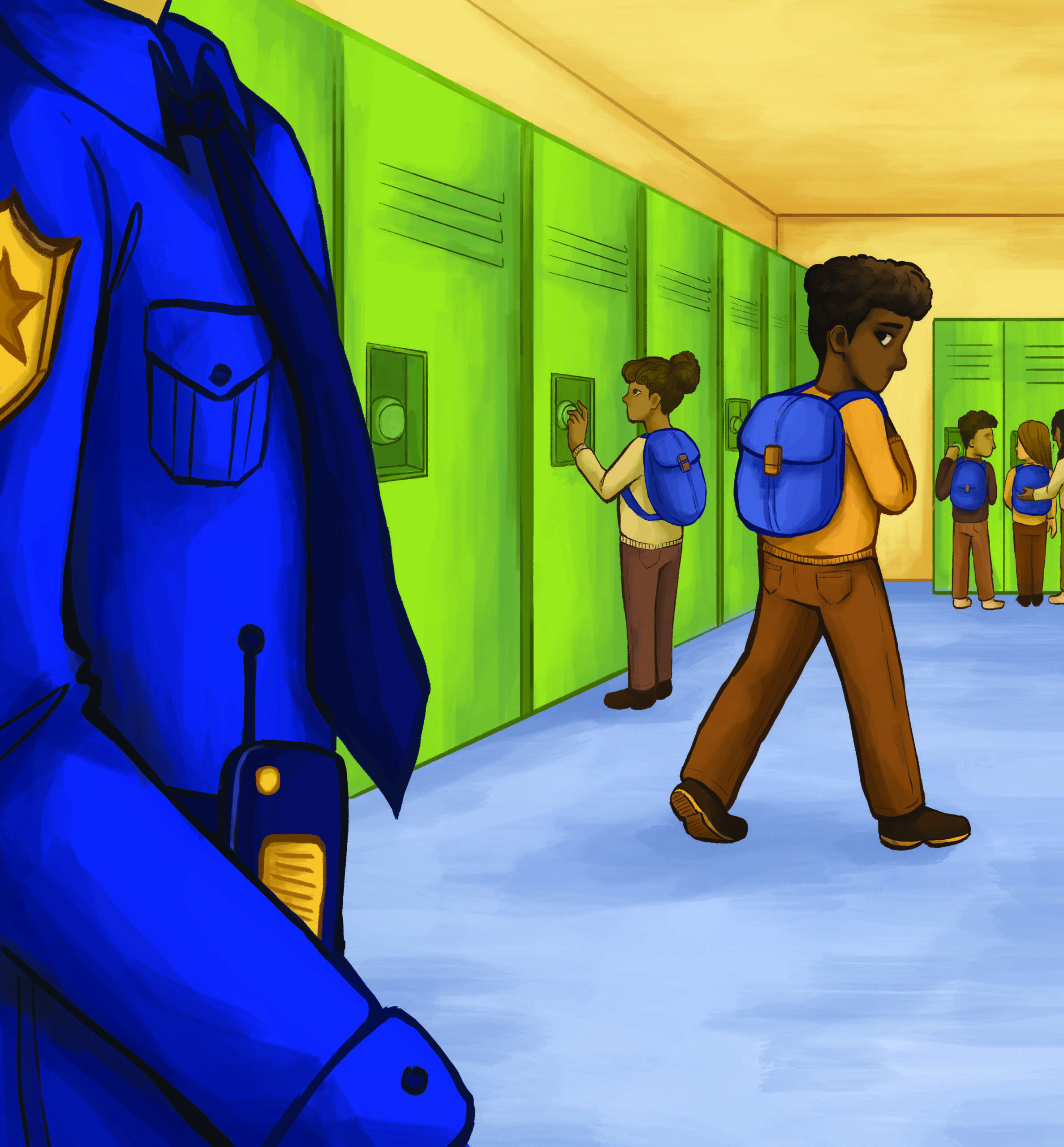 graphic illustration of an SRO officer in a school setting with a student walking away glancing backwards towards the officer