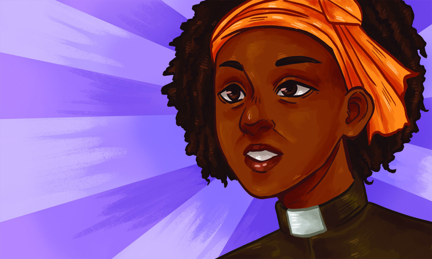 graphic illustration depicting Reverand Naomi Tutu (a Black female figure wearing an orange head scarf)