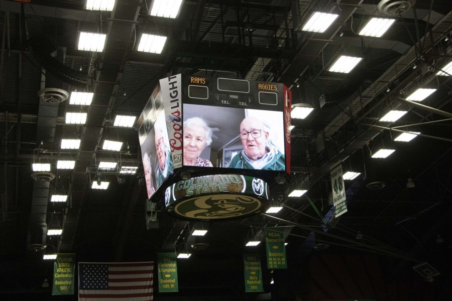 Colorado State University volleyball senior Alexa Roumeliotis loved ones congratulate her in a video during a ceremony for the two senior players before the game March 27. (Anna von Pechmann | The Collegian) 