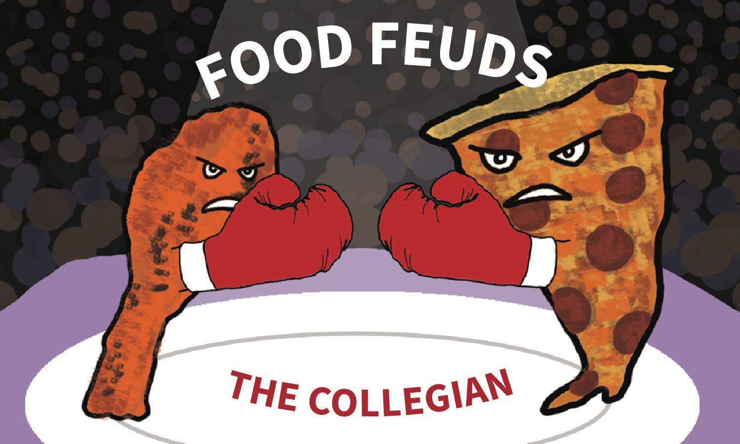graphic illustration of a chicken drumstick and a slice of pizza in a boxing match on a plate with the words Food Feuds titled above