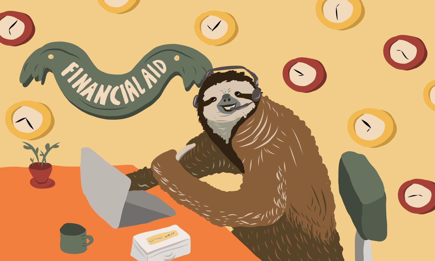 graphic illustration of a sloth at a desk for the financial aid office with clocks on the wall