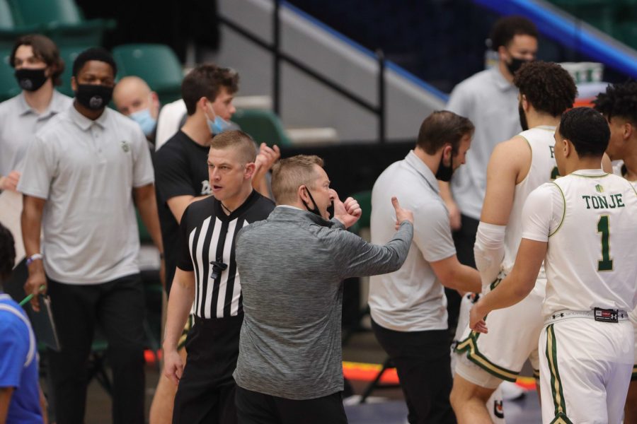 Niko Medved talks to his team during Colorado State University's 90-67 loss to the University of Memphis in the National Invitation Tournament's Semifinals. 