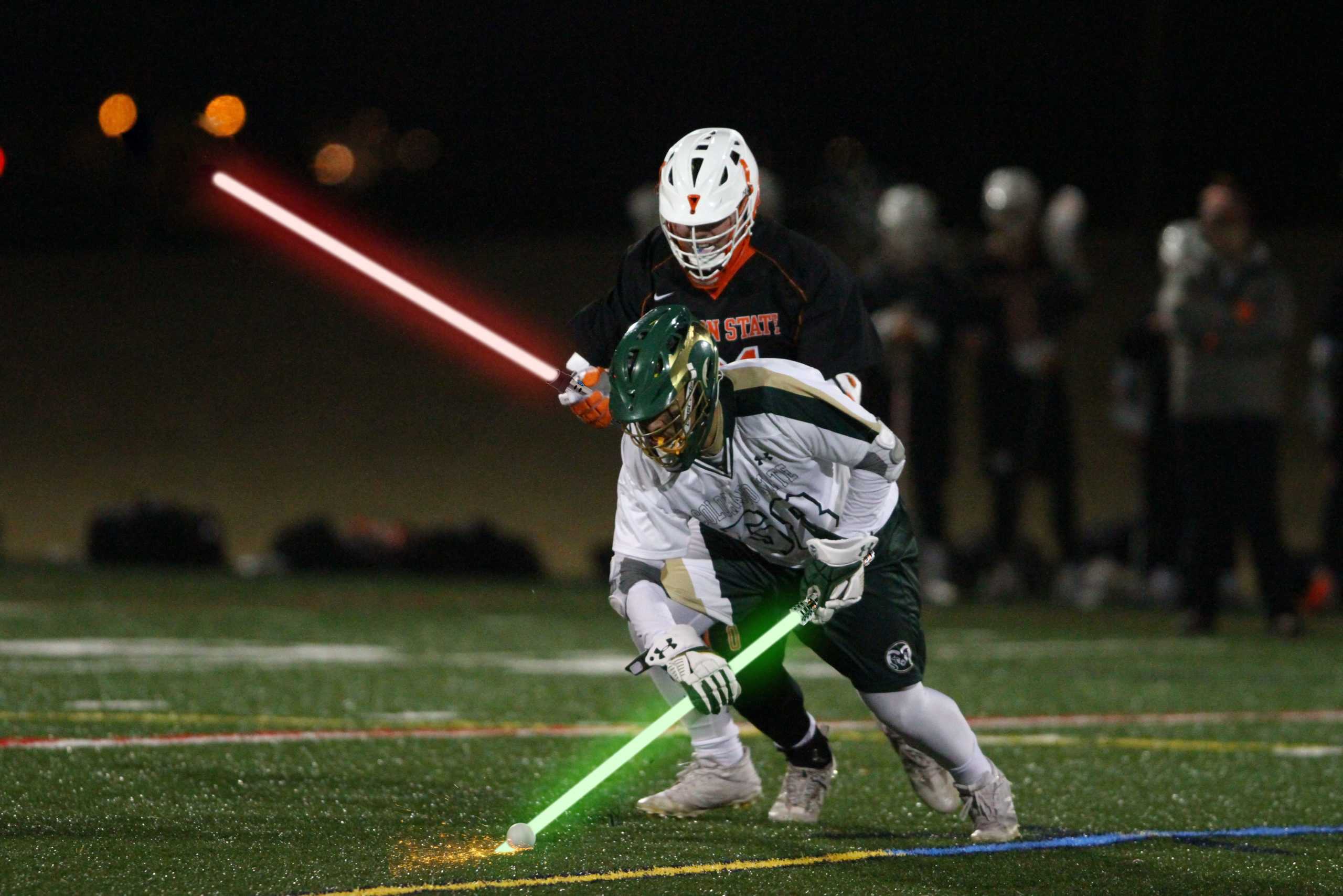 photoshop image of lacrosse players holding light sabers