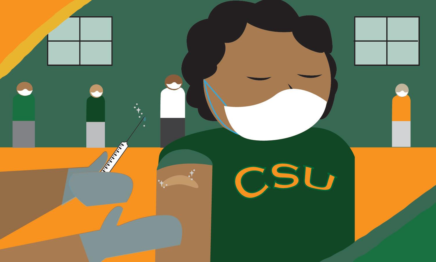 graphic illustration depicting a CSU person receiving the COVID-19 vaccine