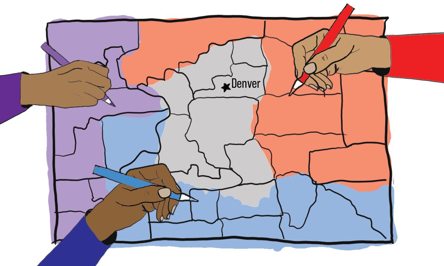 graphic illustration depicting three hands in three different colors marking boundary lines for districts in Colorado