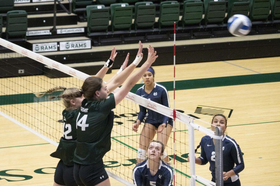 Colorado State University volleyball players Karina Leber (left) and Alyssa Groves (right) set up for a block during the game against Utah State March 27. CSU won 3-1. (Anna von Pechmann | The Collegian) 