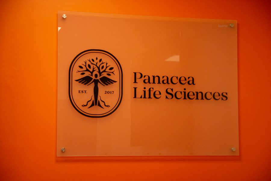 A sign of Panacea Life Sciences in the Chemistry building Apr. 7. (Tri Duong | The Collegian)