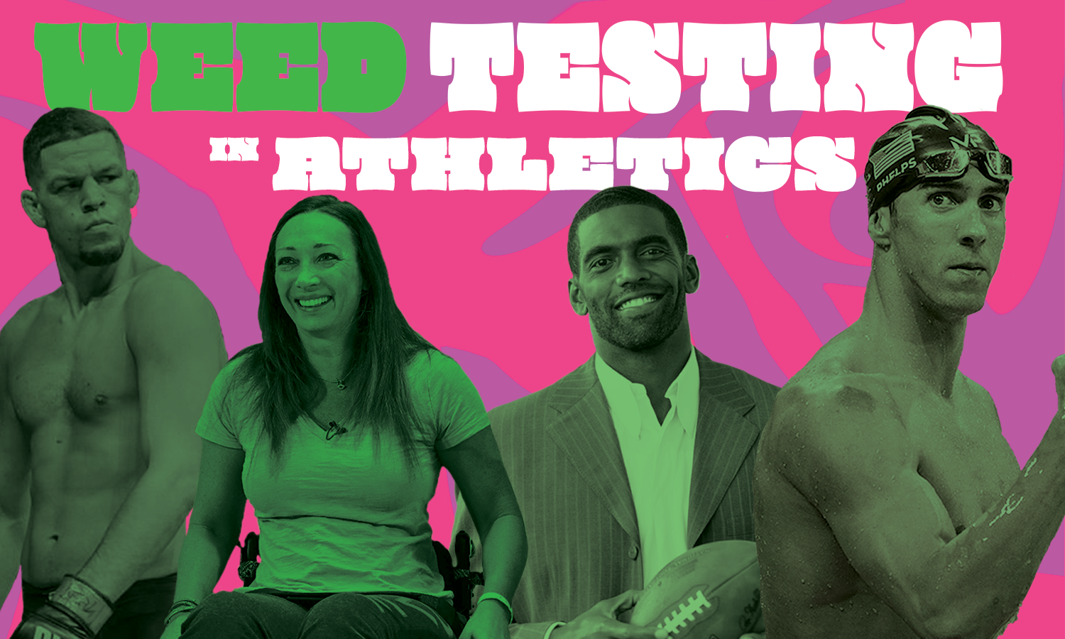 graphic illustration depicting four famous athletes with the words "Weed Testing in Athletics" above