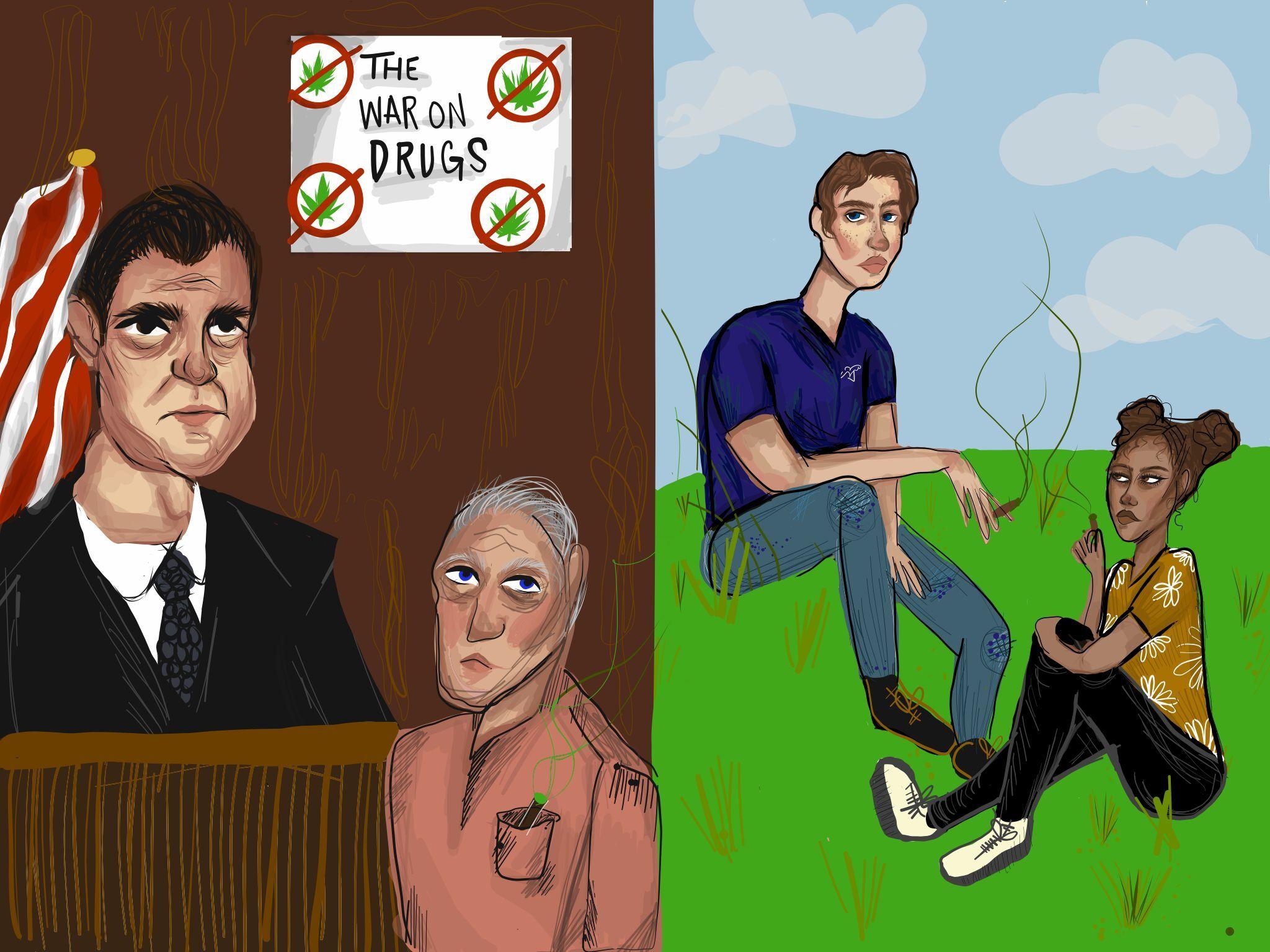 Graphic illustration depicting four figures, two boomers on the right (one resembling nixon) and two student/millenial figures on the right smoking joints