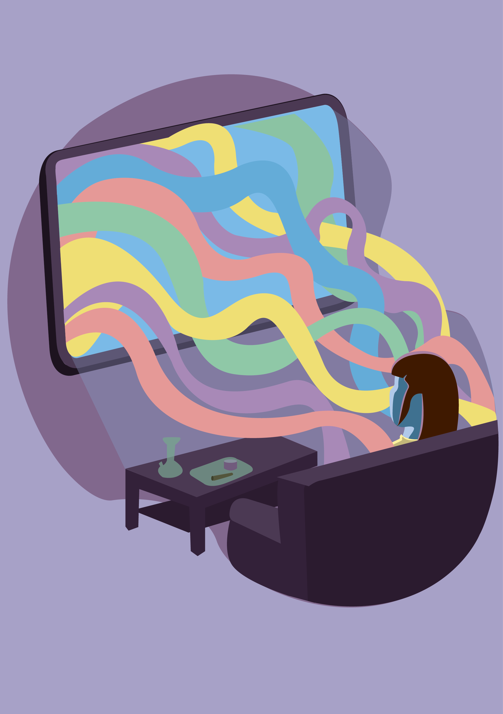 Graphic illustration depicting a figure staring at a TV screen with colorful waves coming out at them with a bong and rolling tray on the coffee table