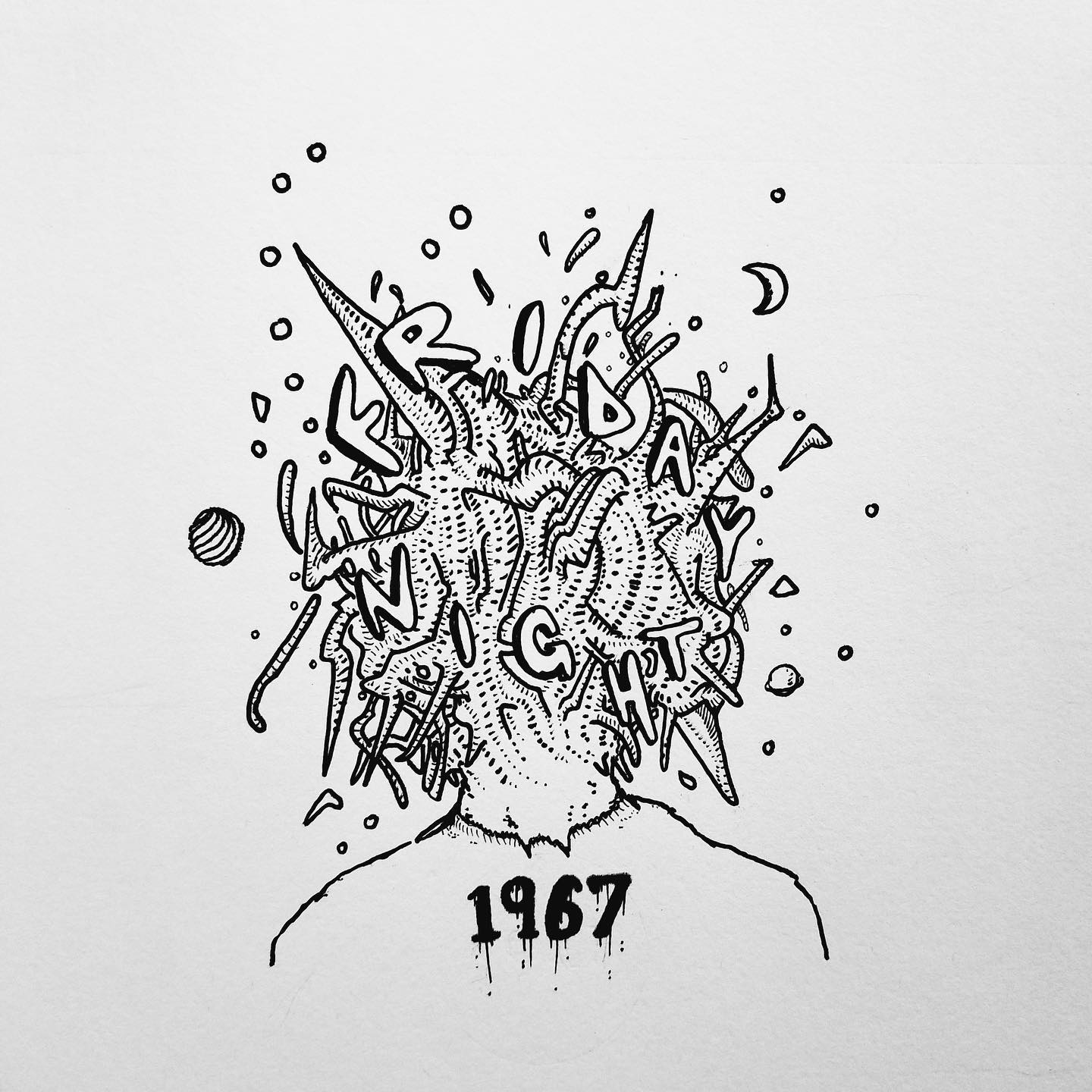 1967's artwork features a black pen drawing of a person in a shirt with a galaxy instead of a head. Inside the galaxy, the words "Friday night" appear, and the shirt says 1967.