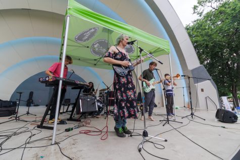 (Left to right) Matan Birnbaum, Ethan Chrisri, Abe Dashnaw, Ben Eberle, and Hays Bruce of Fort Collins band People in General perform during Casual Fest at the Boulder Bandshell July 23. (Michael Marquardt | The Collegian)